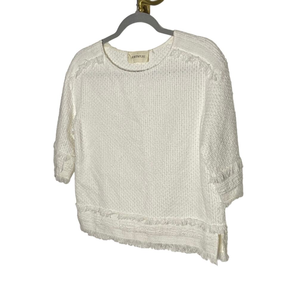PortsPure Top Crew Neck Fringe Trim Knit Textured Cotton Coquette Grannycore M - Picture 2 of 7
